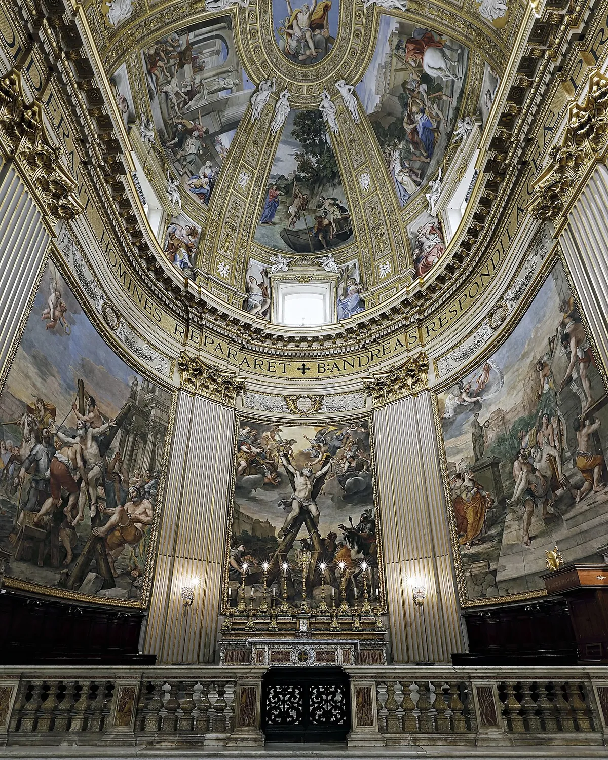 The apse and dome of Sant'Andrea della Valle in Rome, painted with scenes in gold-framed panels above an altar lit by candles; the church is the setting of Act 1 of Tosca.